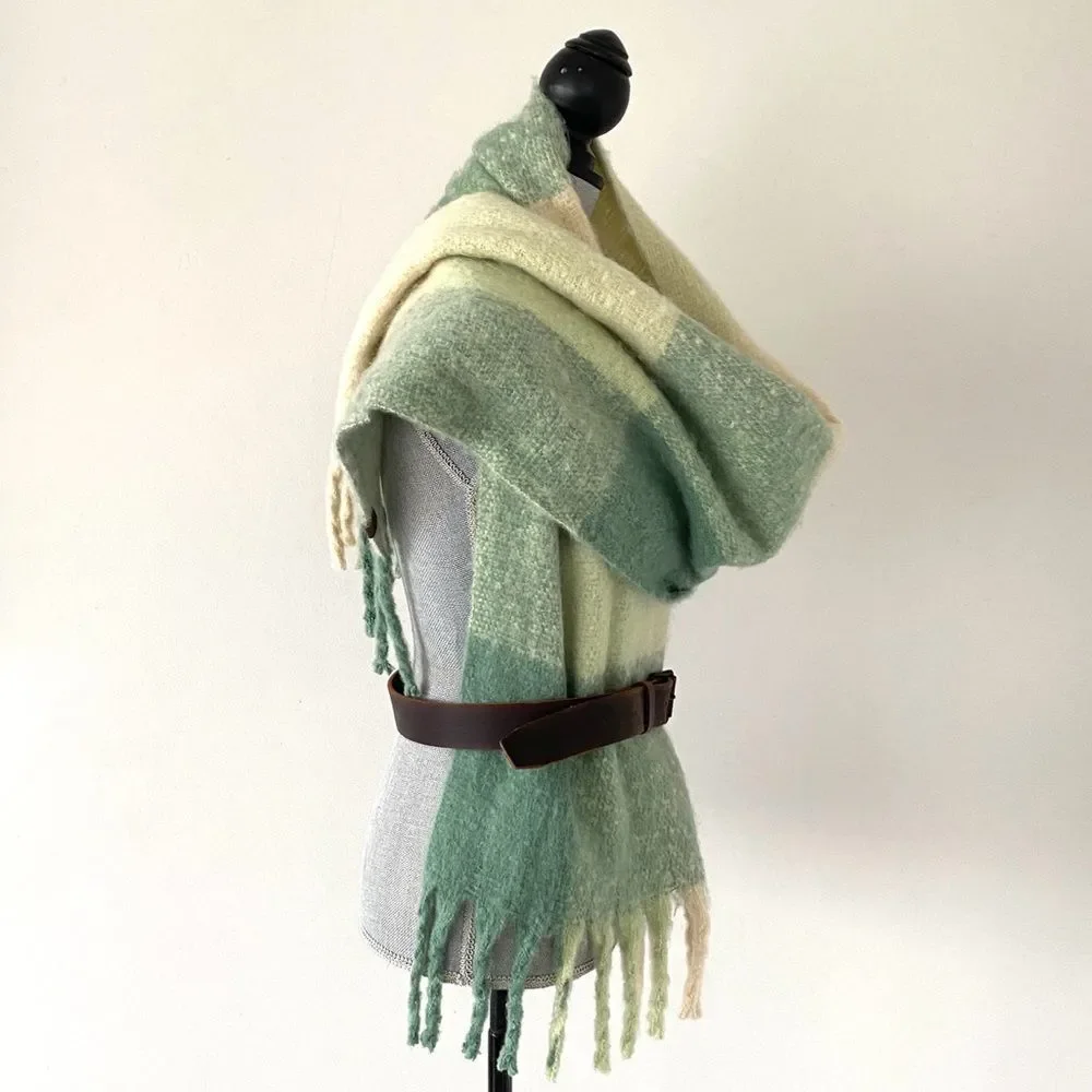 Lucky Brand Green & Cream Oversized Fringe Scarf Versatile Casual Chic Laganlook